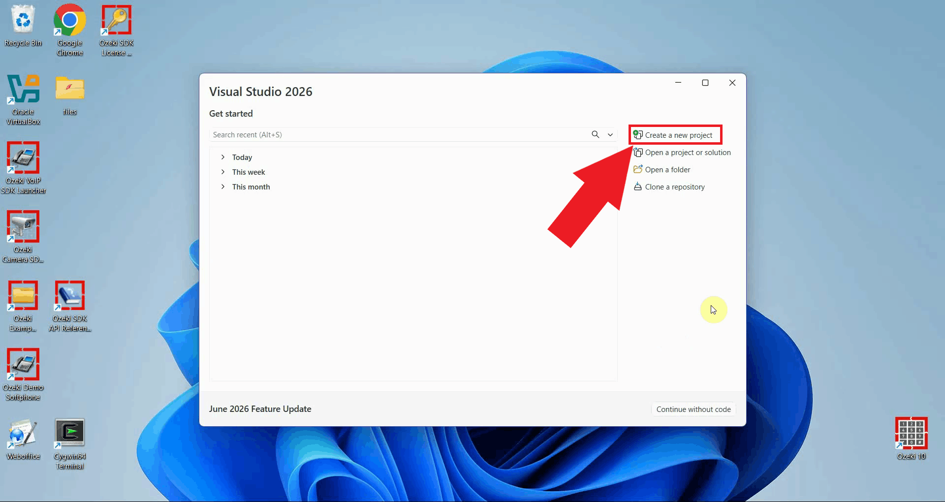 selecting create a new project in Visual Studio