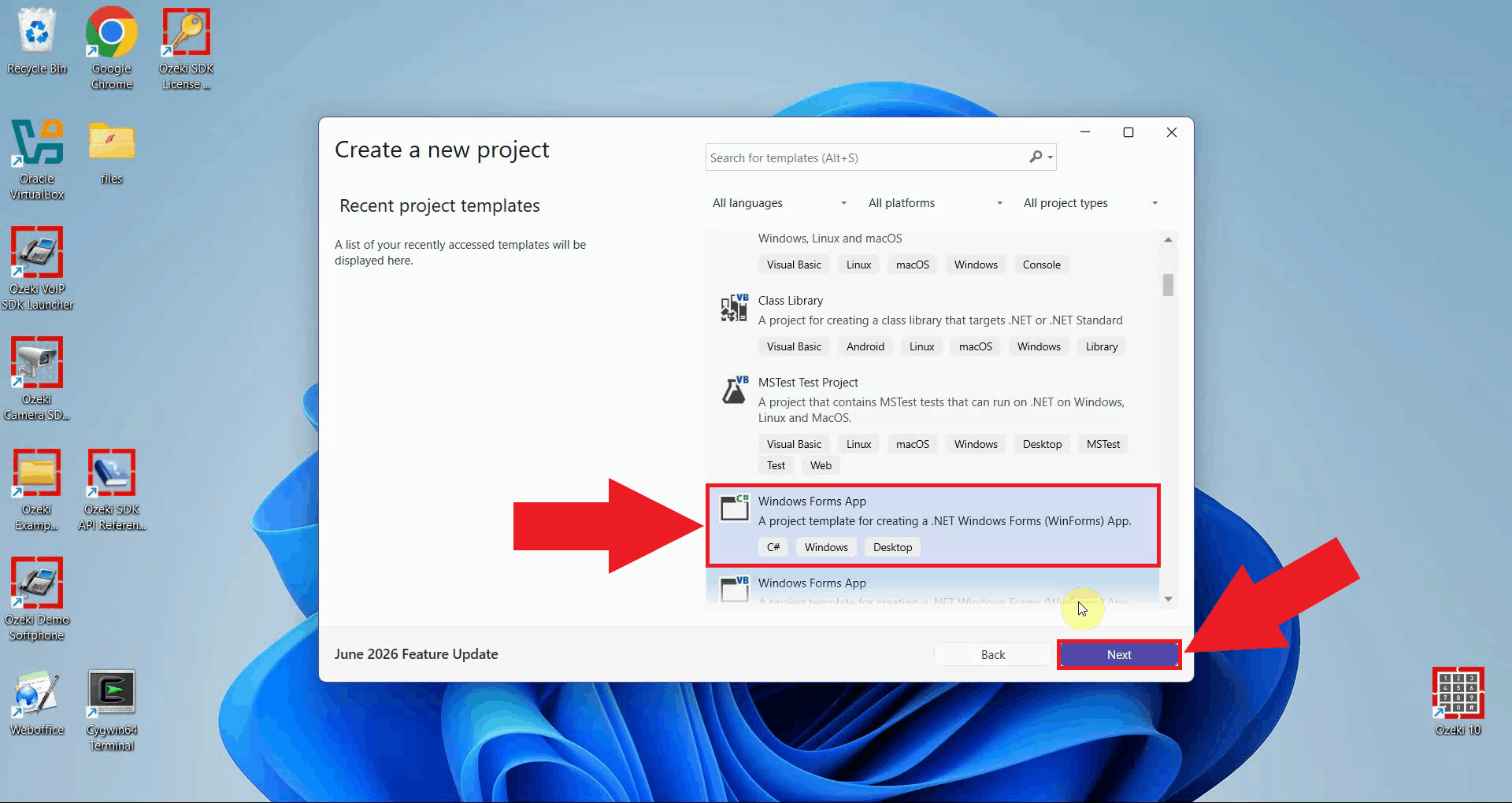 choosing the Windows Forms App template in Visual Studio