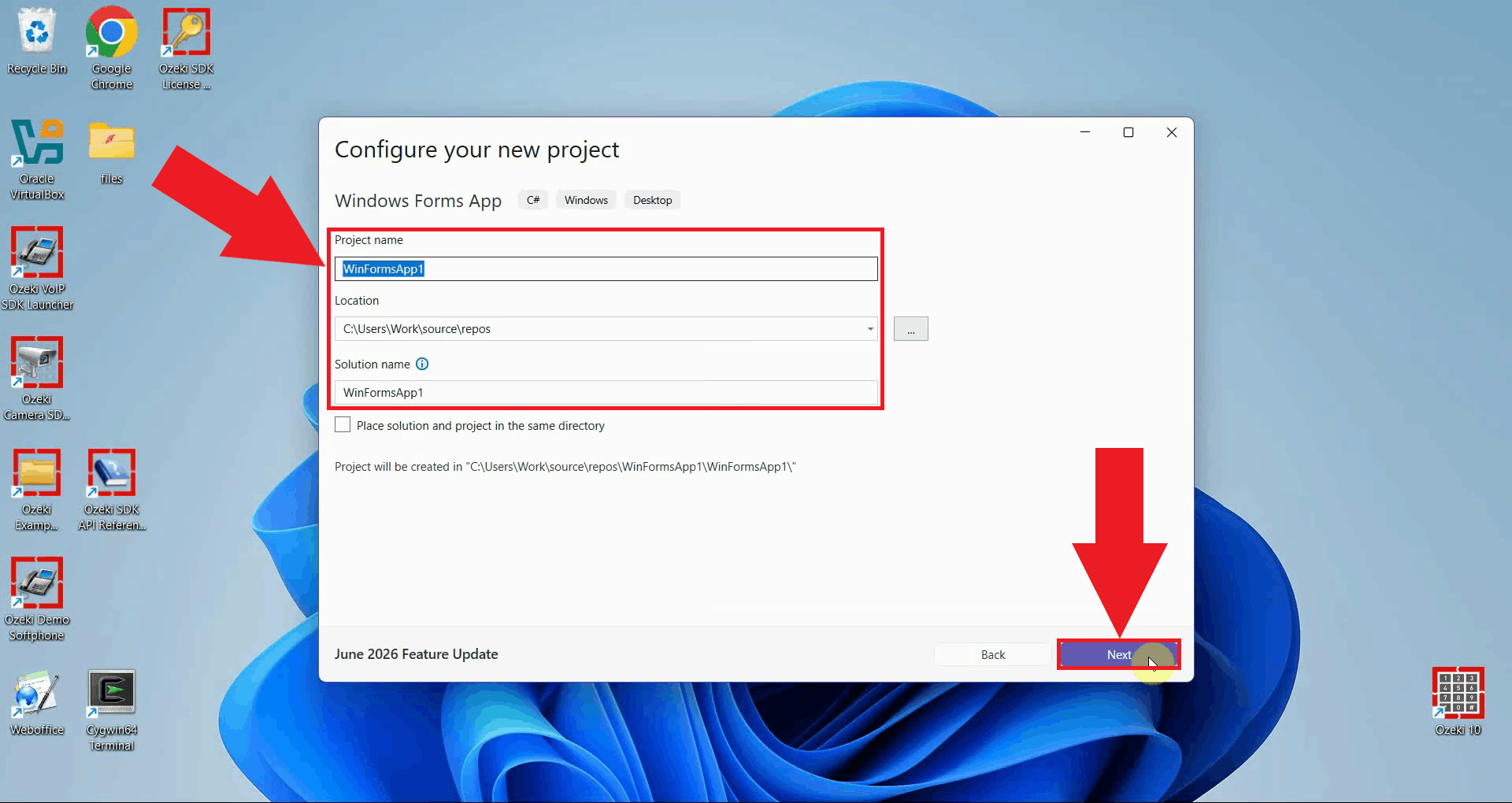 naming the project and selecting its location in Visual Studio