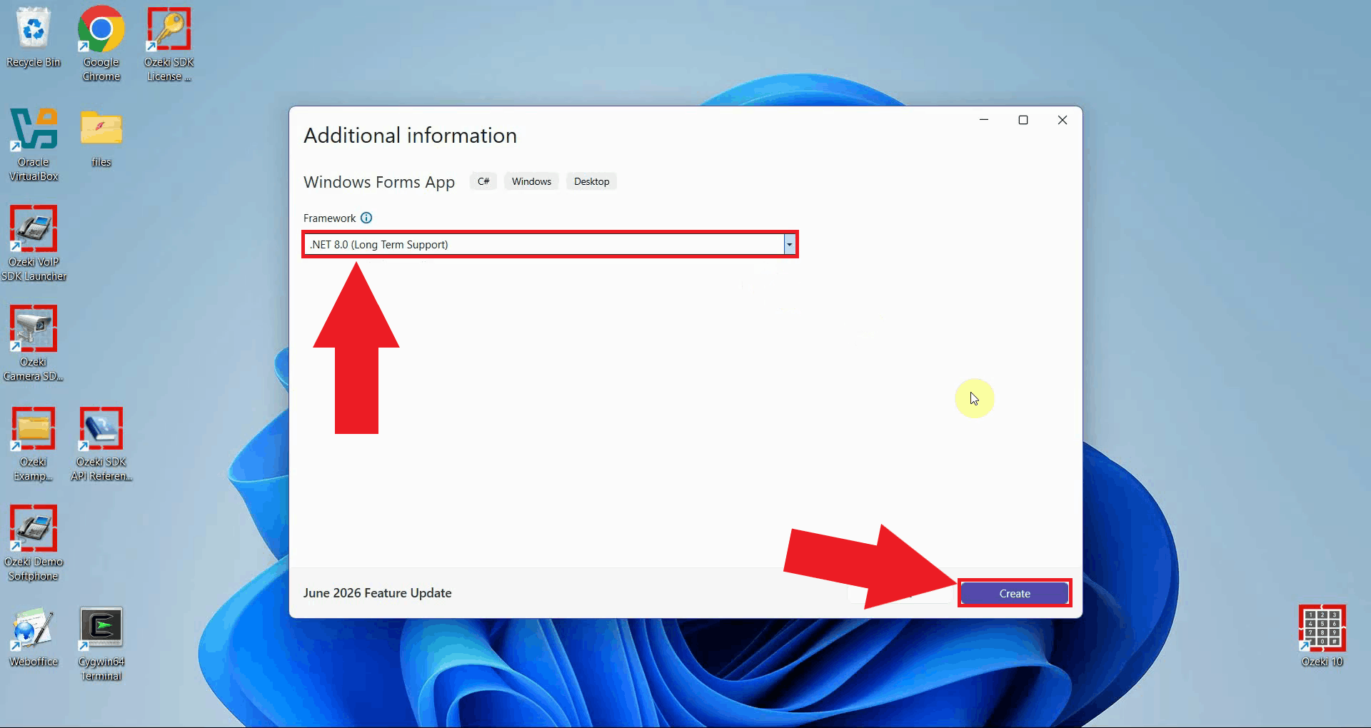selecting the .NET 8.0 framework and creating the solution