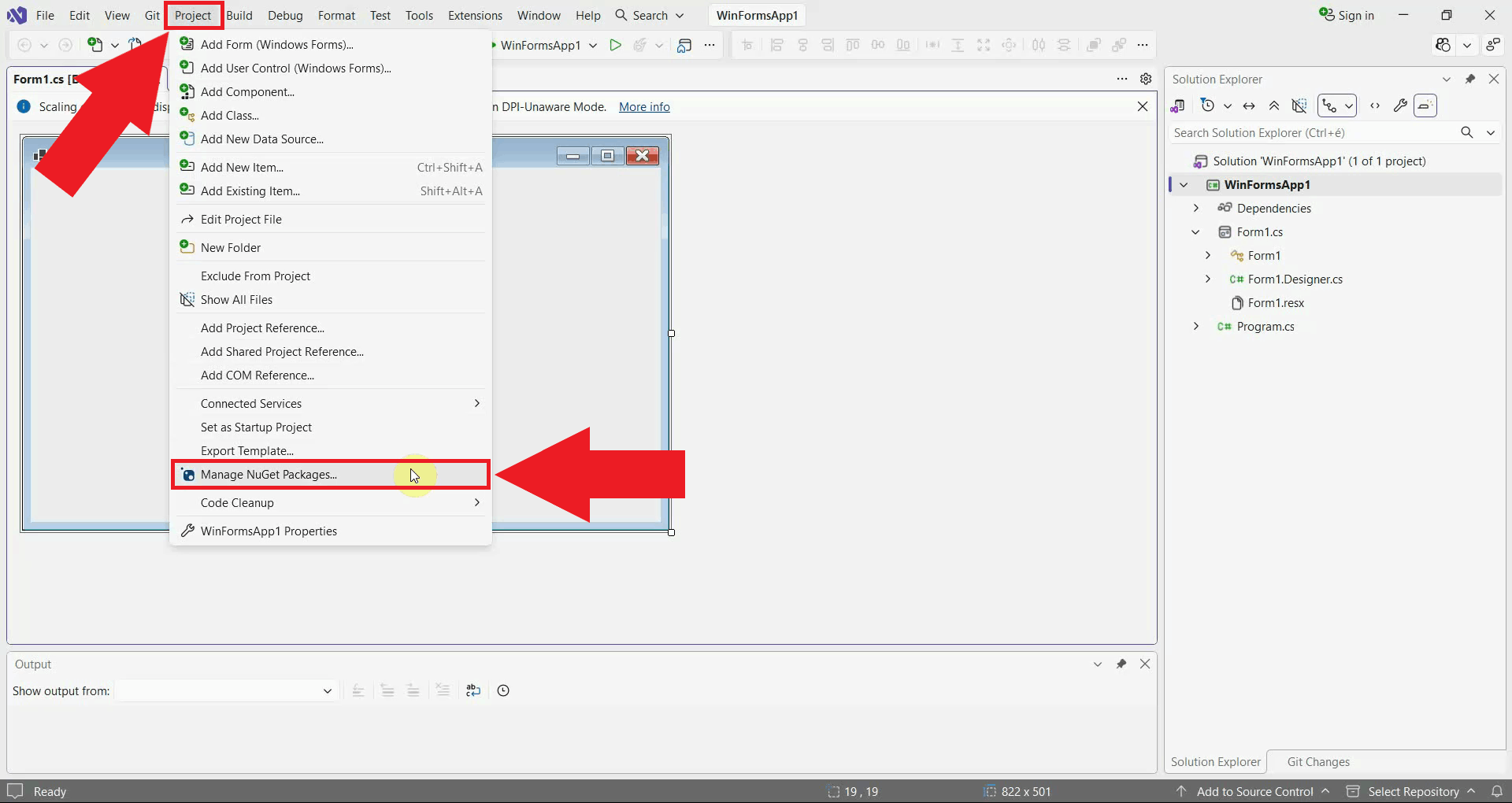 opening the NuGet package manager from the Project menu in Visual Studio
