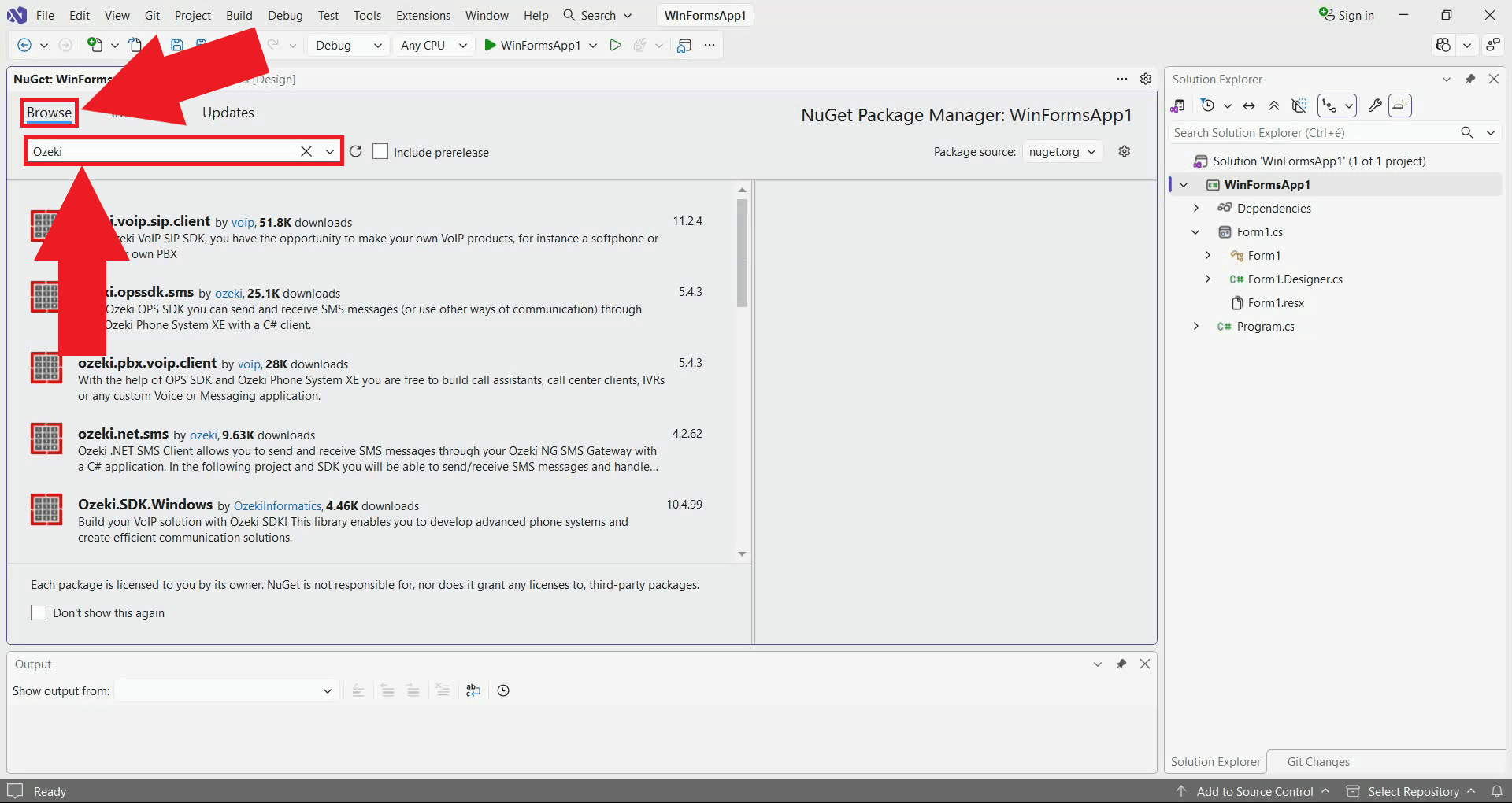 searching for the Ozeki SDK package in the NuGet Browse tab