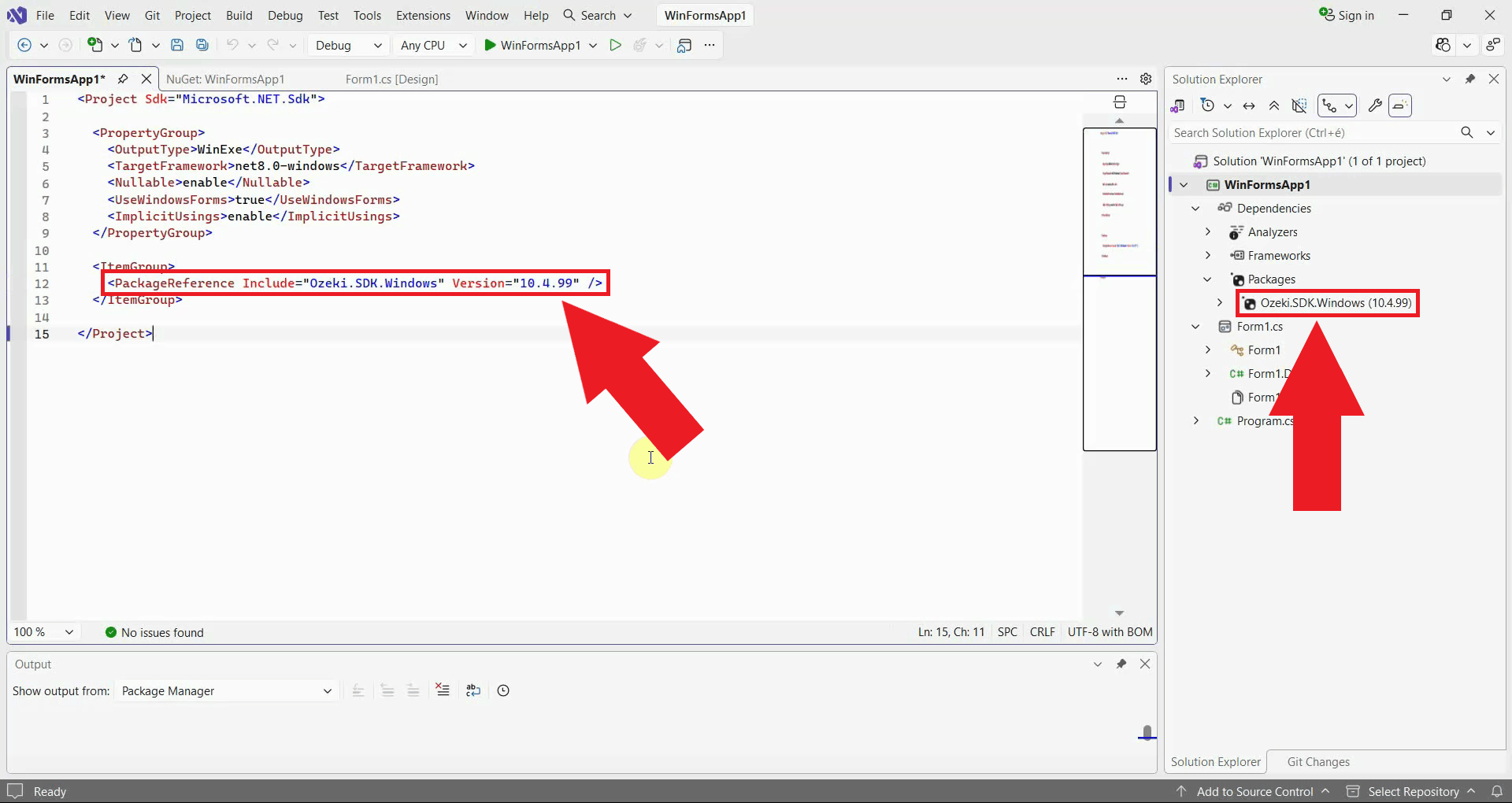 Ozeki SDK package reference added to the project file and visible in Solution Explorer
