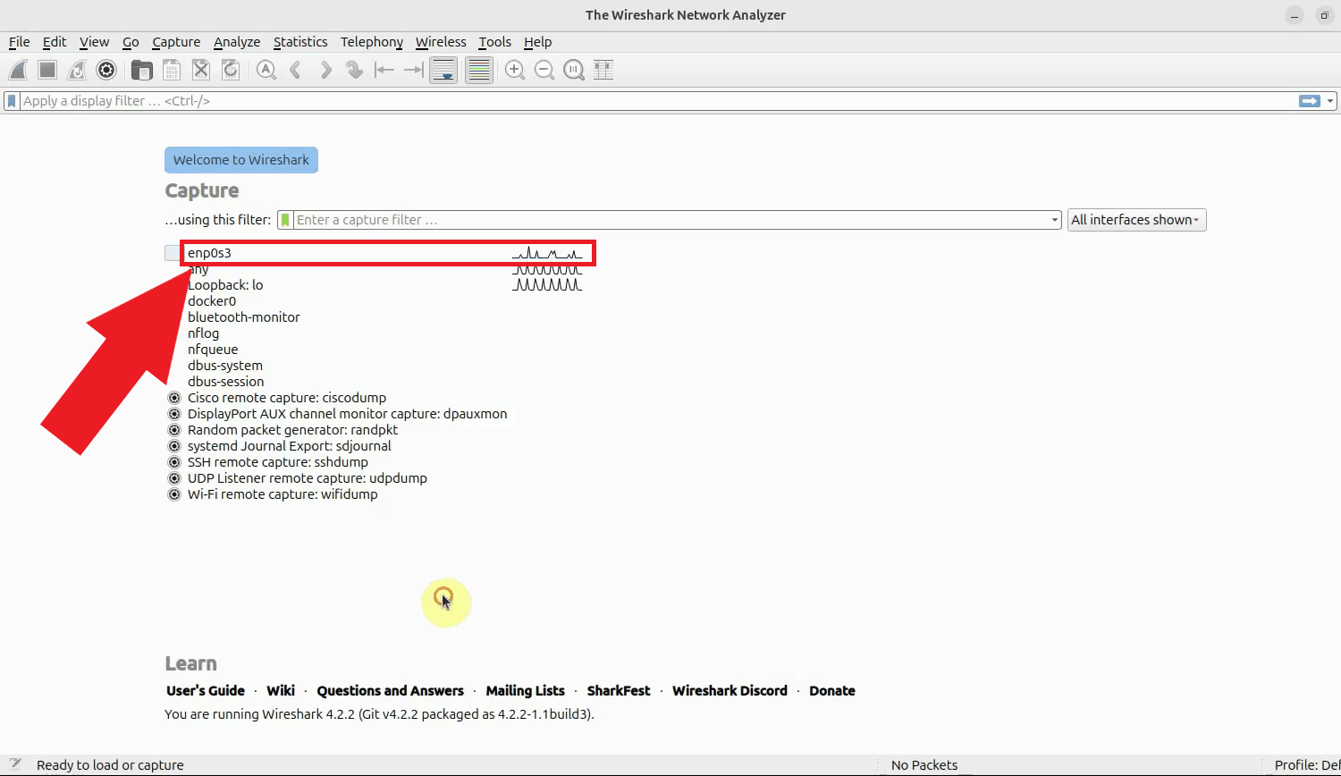 Start capturing the interface with SIP traffic in Wireshark