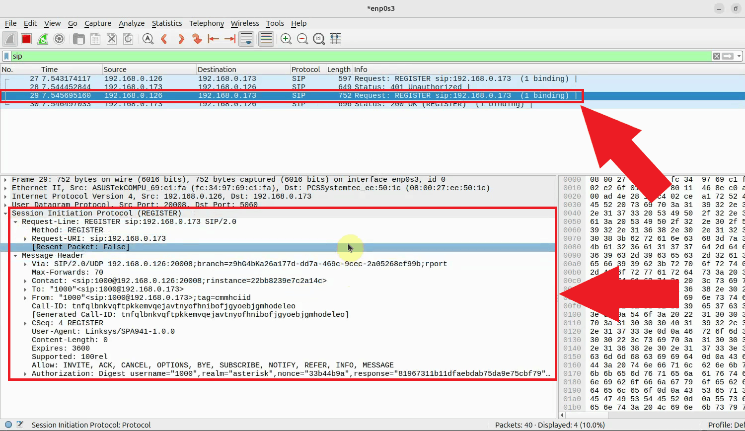 View the SIP REGISTER request in Wireshark