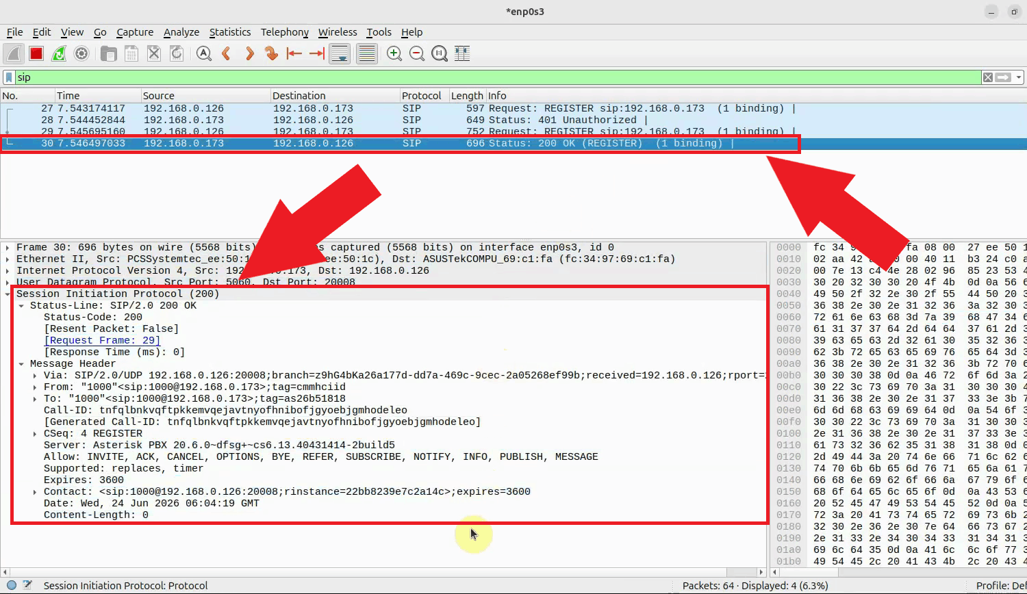 Check the SIP REGISTER response in Wireshark