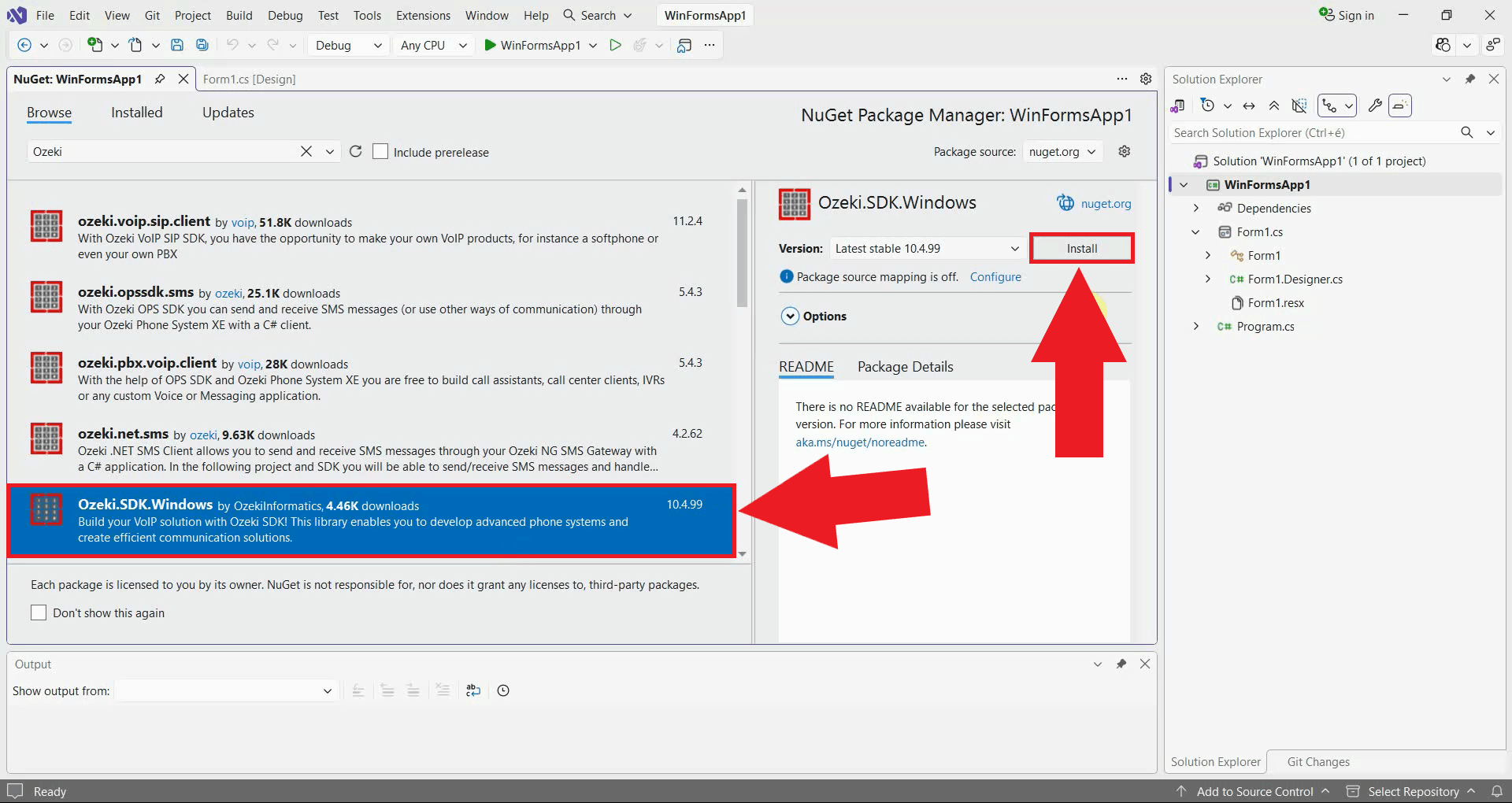 installing the Ozeki.SDK.Windows NuGet package