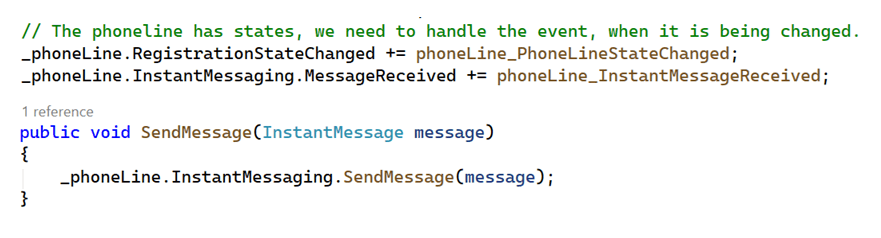 MessageReceived subscription and SendMessage method showing phone-line-based instant messaging