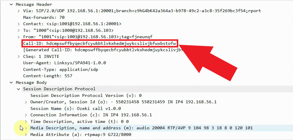 SIP INVITE PDU for the first call showing its unique Call-ID