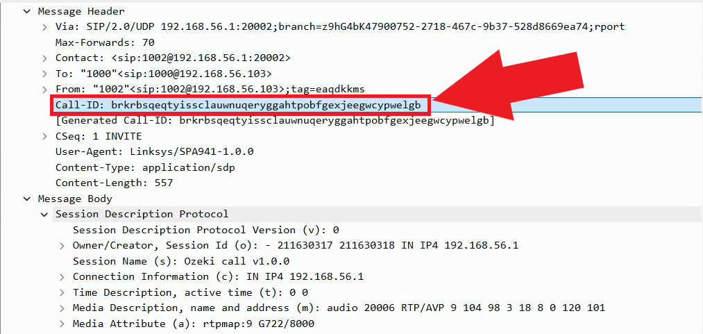 SIP INVITE PDU for the second call showing a different Call-ID