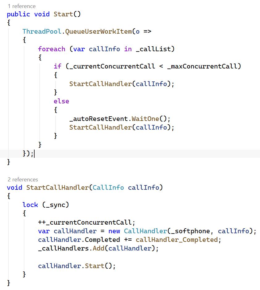 Autodialer Start and StartCallHandler methods showing the concurrency throttling logic