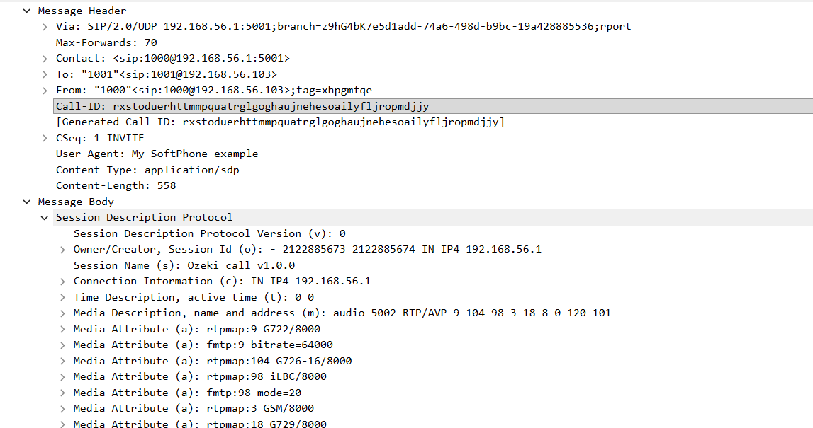 SIP INVITE PDU for the autodialer's call to the first number in the CSV file