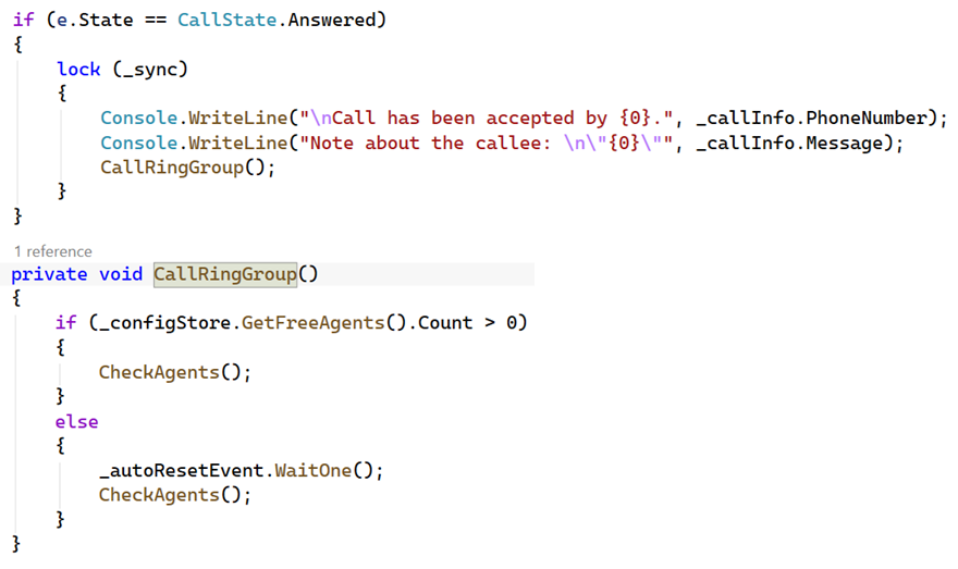 ClientCallStateChanged and CallRingGroup methods showing the agent-ringing decision