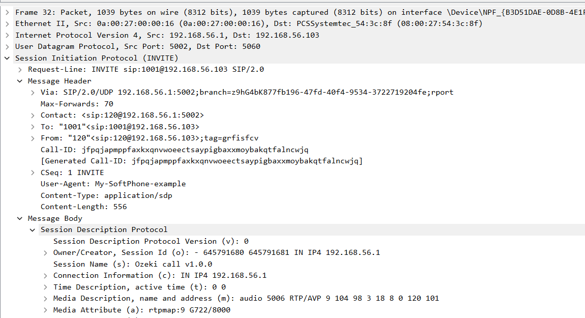 SIP INVITE PDU for the softphone's call to a ring group agent