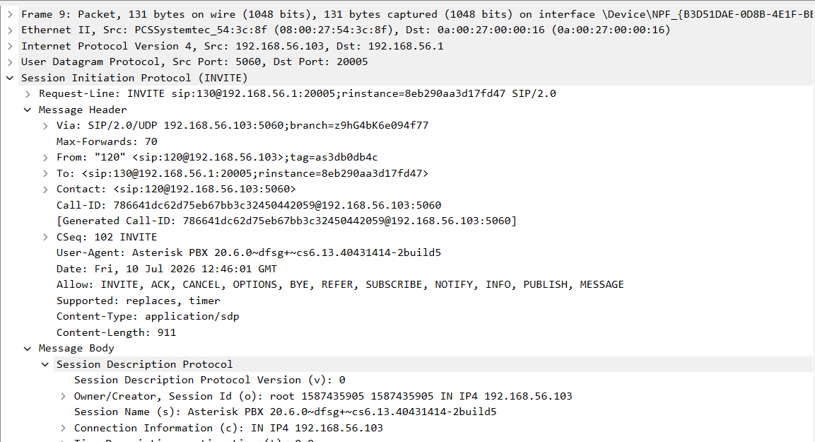 SIP INVITE PDU for the softphone's call to the client