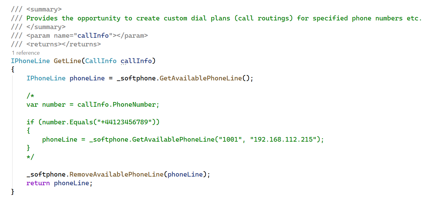 GetLine method showing phone line selection and dial plan routing