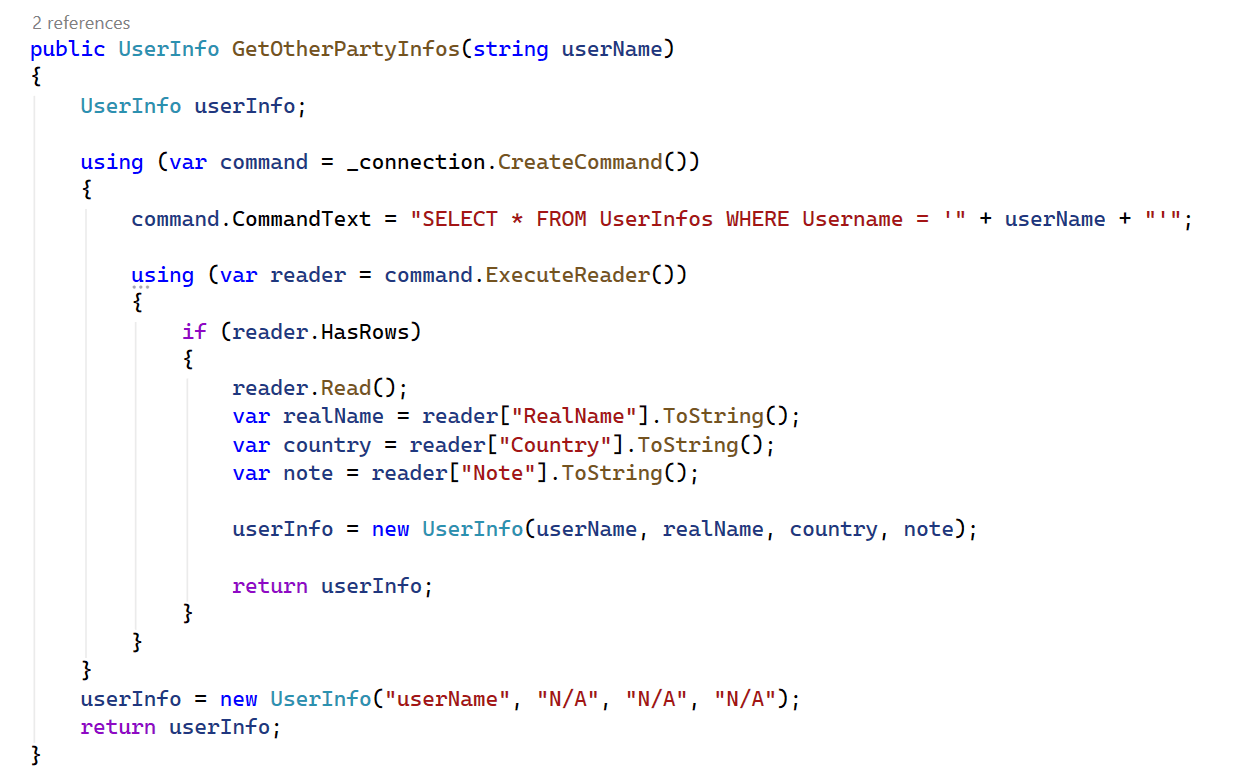 GetOtherPartyInfos method showing the database lookup and N/A fallback