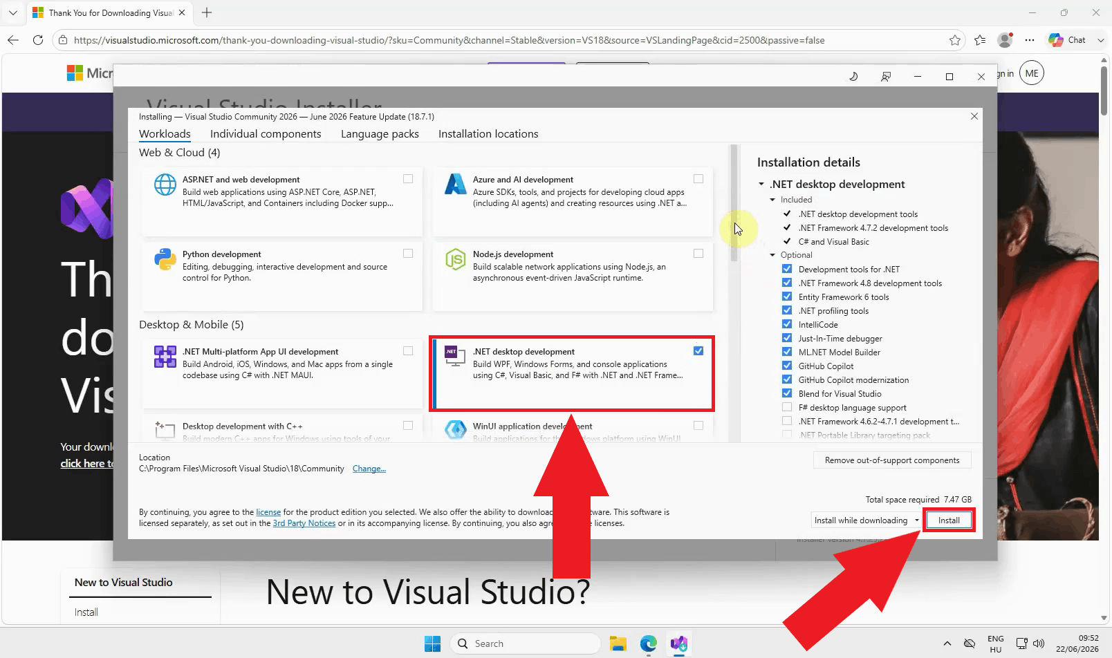 Select .NET desktop development and press Install