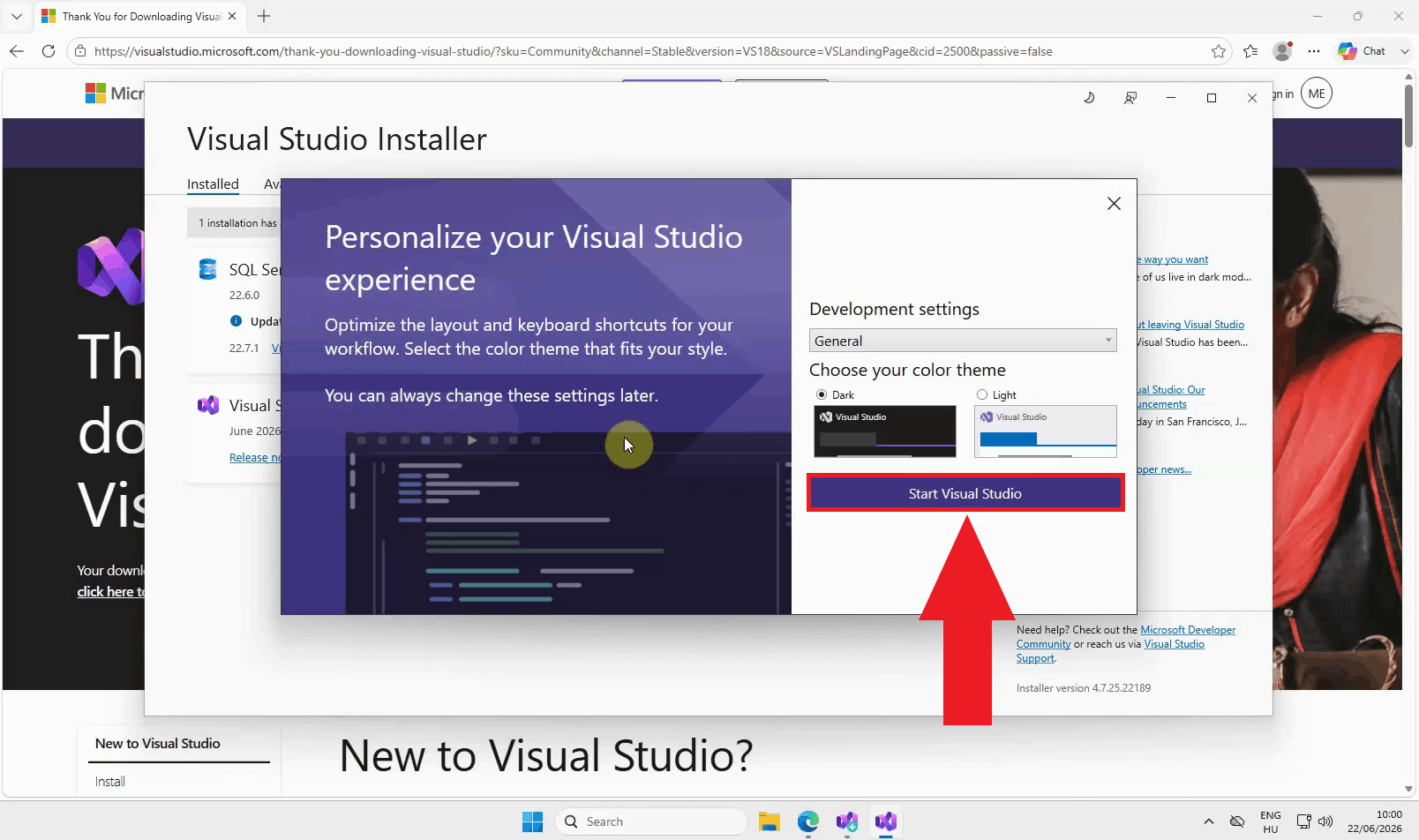 Choose development settings, color theme, and start VS